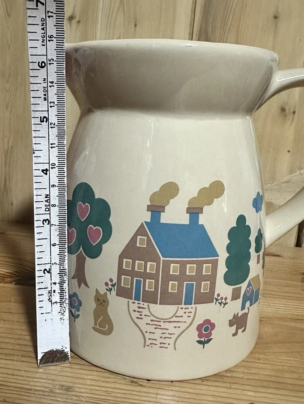 Vintage 80’s  Pitcher Farm House Kitsch Cottage Dog Cat Flower Pot Vermillion 6”